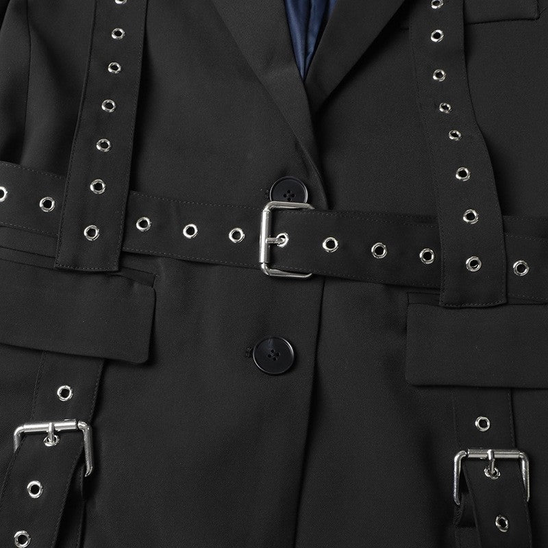 Long Sleeve Lapel Buttoned Rivets Belted Blazer Outerwear