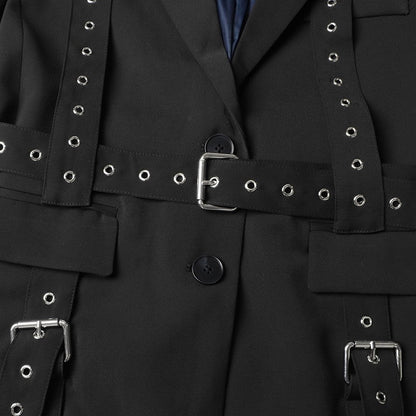 Long Sleeve Lapel Buttoned Rivets Belted Blazer Outerwear