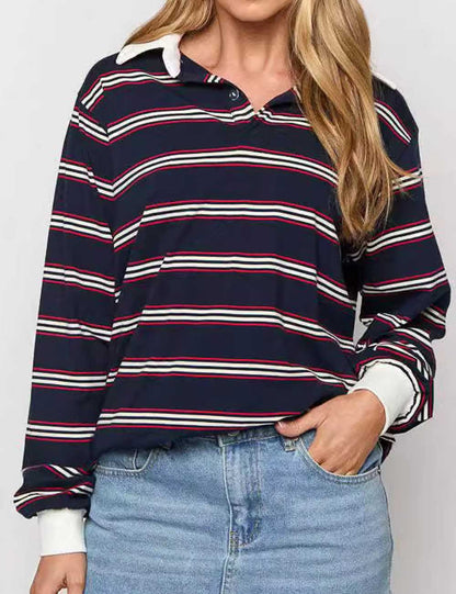 Color Block Lapel Collar Striped Pullover Top