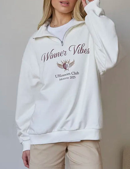 Letter Print Lapel Collar Half Zip Sweatshirt