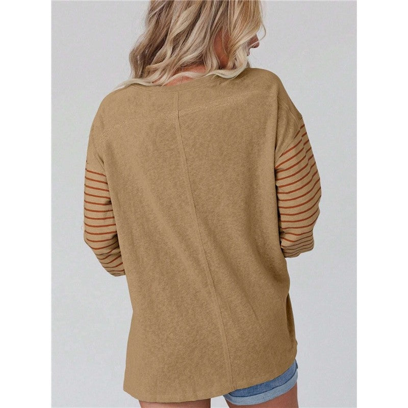 Round Neck Casual Striped Contrast Long-Sleeved T-Shirt