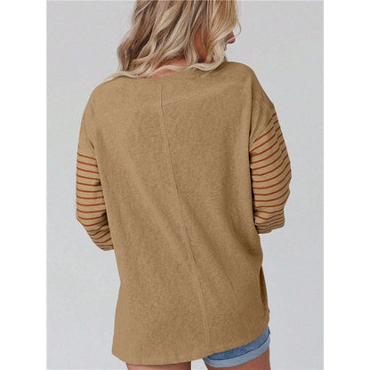 Round Neck Casual Striped Contrast Long-Sleeved T-Shirt
