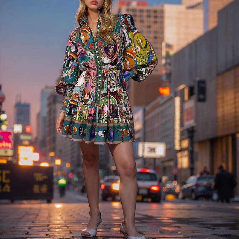 Floral Round Neck Cinched Waist Tie Ruffle Hem Dress