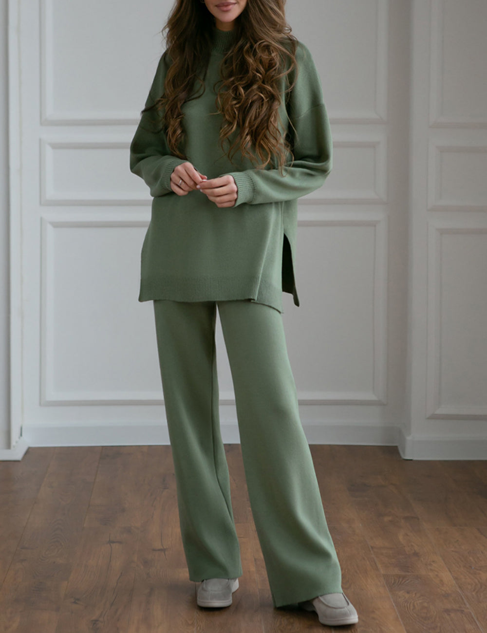 High Collar Side Split Knit Sets