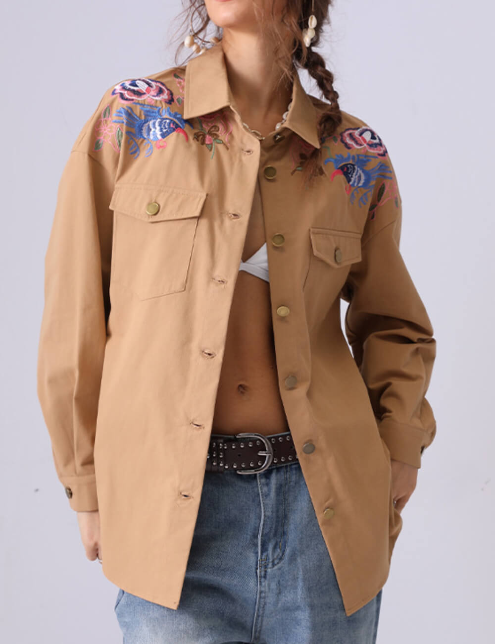 Trendy Embroidered Lapel Collar Long Sleeve Top