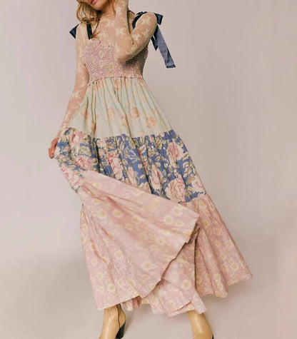 Trendy Color Block Printed Strape Maxi Dress
