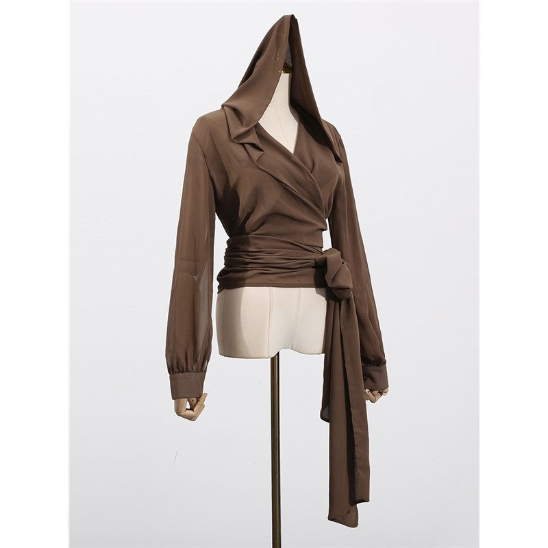 Comfortable Hooded Shirt With Tie Waist