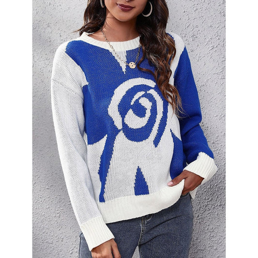 Long Sleeves Loose Contrast Color Split-Joint Round-Neck Sweater