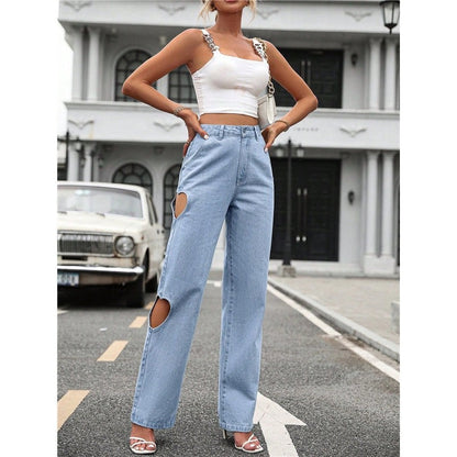 Casual Retro Side Ripped Heart-Shaped High-Waisted Loose Wide-Leg Jeans