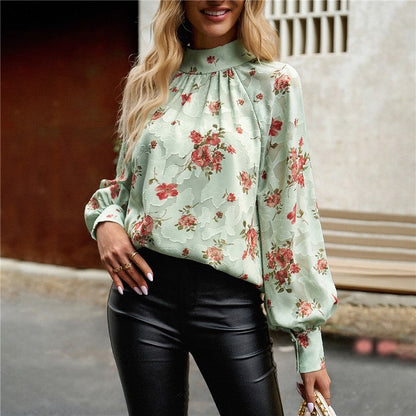 Long Sleeves Half Turtleneck Bandage Floral Printed Blouse