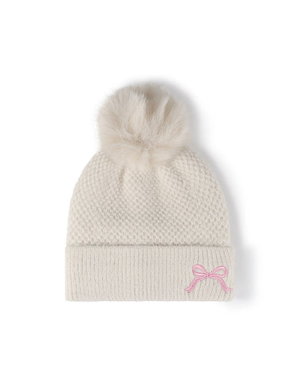Cute Bow Embroidery Pom Pom Thicken Beanie