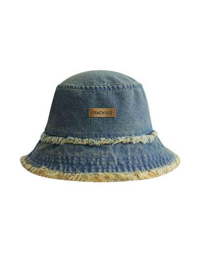 Denim Washed Distressed Frayed Bucket Hat