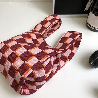 Knit Checkerboard Casual Tote Bag