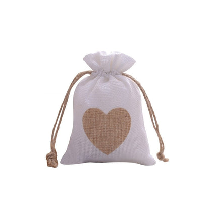 Cotton Linen Drawstring Gift Bag With Heart Print