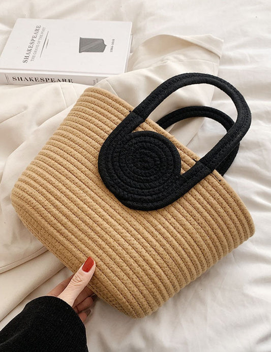 Color Block Large Capacity Woven Tote Handbag