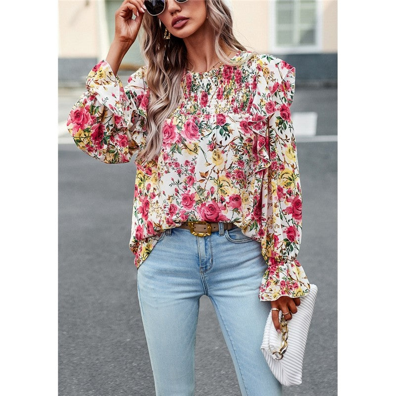 Crewneck Long Sleeves Floral Printed Casual Loose Blouse Top