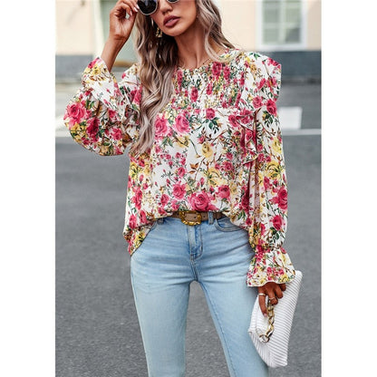 Crewneck Long Sleeves Floral Printed Casual Loose Blouse Top