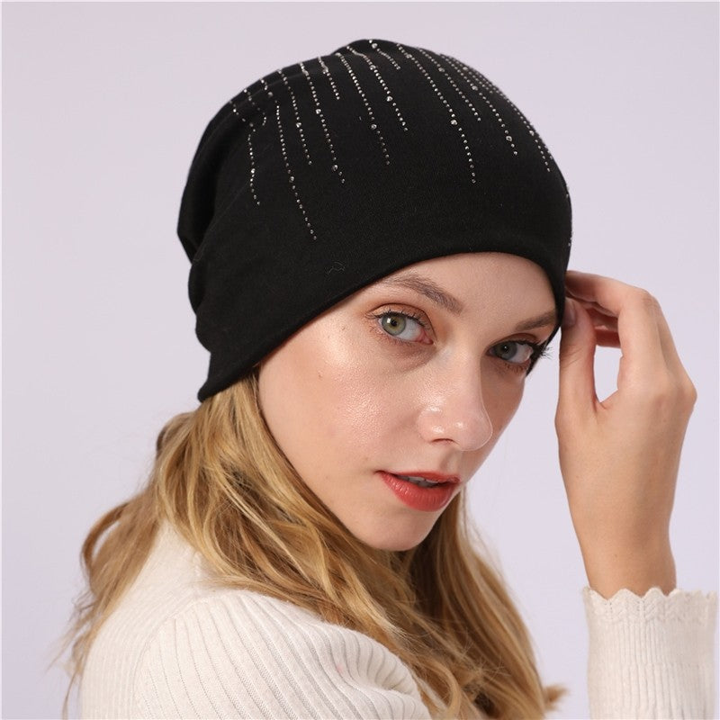 Solid Color Rhinestone Double Layer Beanie