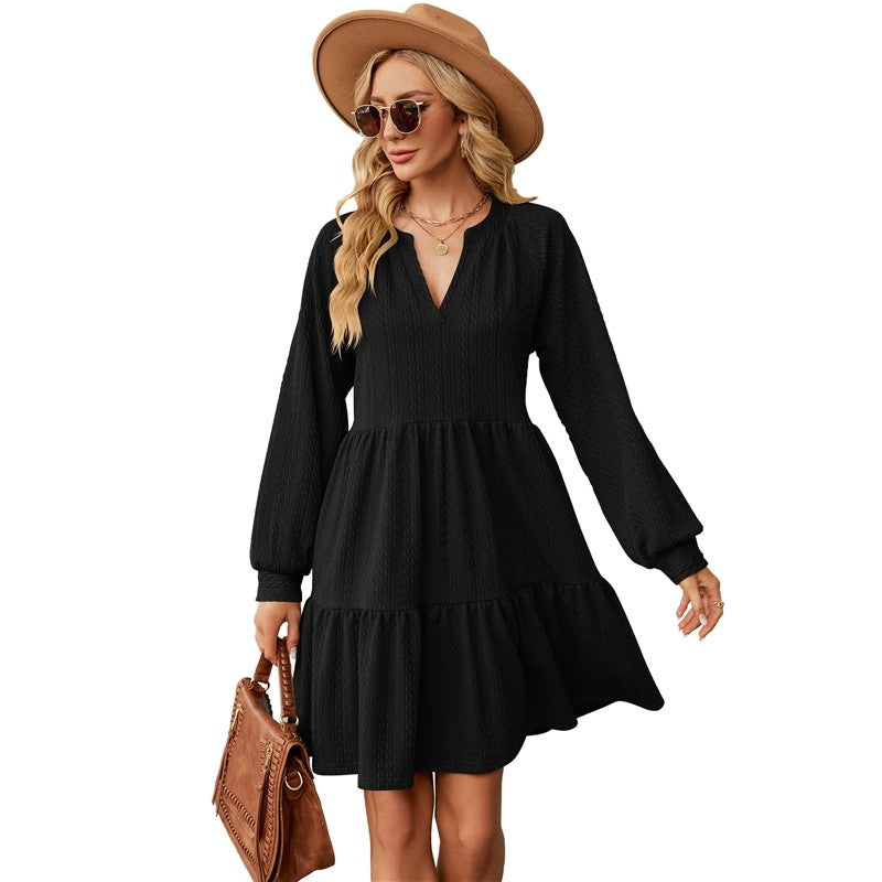 Solid Patchwork Loose Pleated V-Neck Long-Sleeved Dress