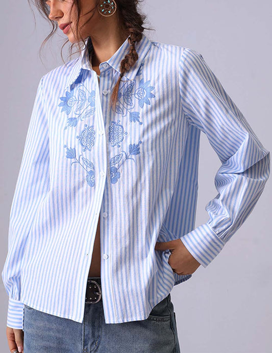 Casual Striped Embroidered Long Sleeve Shirt