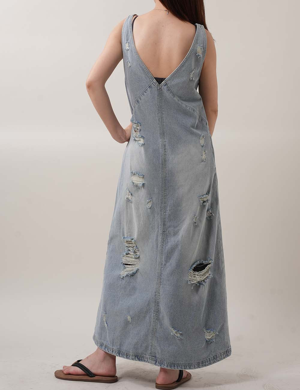 Ripped Washed Sleeveless V-Neck Denim Midi Dresses