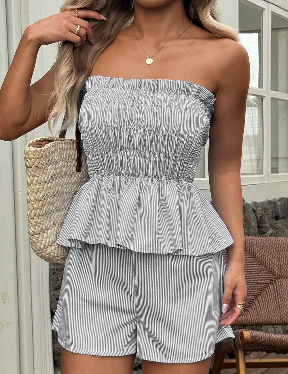 Simple Strapless Ruffle Trim Top Shorts Set