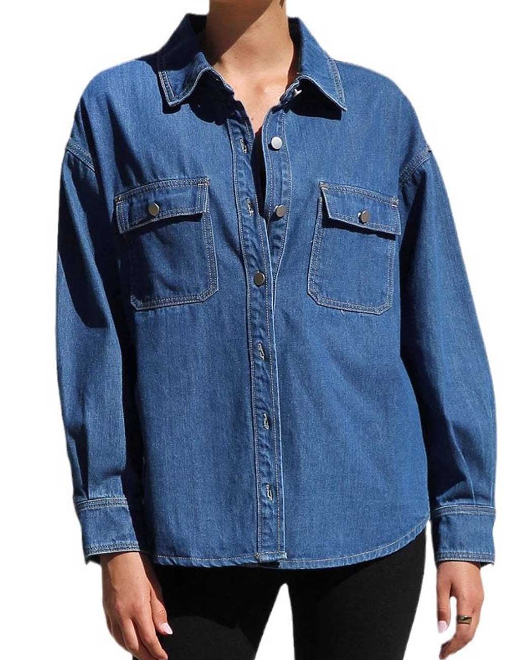 Vintage Polo Collar Long Sleeve Denim Shirt