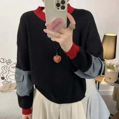 Denim Patchwork Pullover Sweater