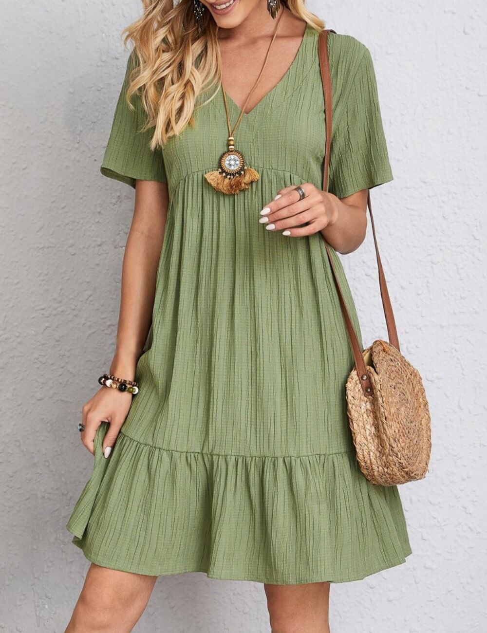 V-Neck Solid Color Short Sleeves Mini Dress
