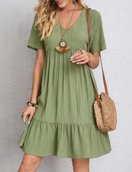 V-Neck Solid Color Short Sleeves Mini Dress