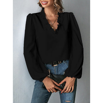 Long Sleeves Loose Ruffled Solid Color V-Neck Blouses&Shirts Tops