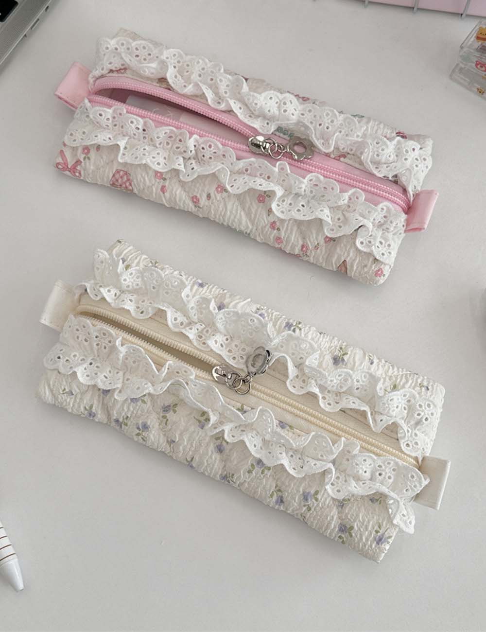 Lace Trim Cotton Quilted Pencil Pouch