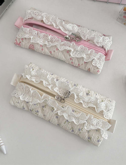 Lace Trim Cotton Quilted Pencil Pouch