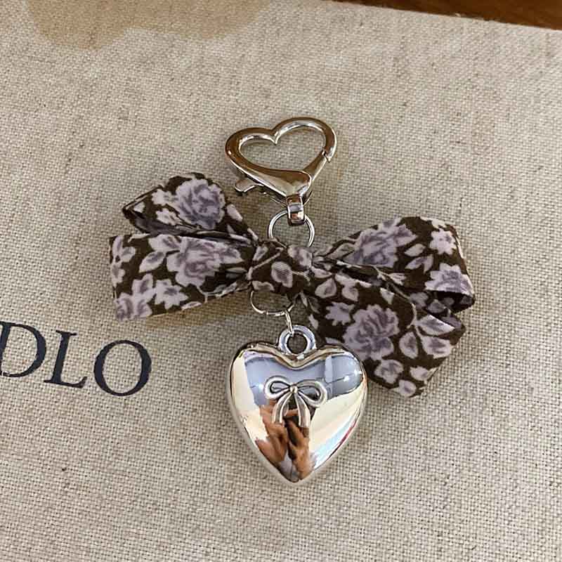 Elegant Floral Print Bow Heart Keychain Charms