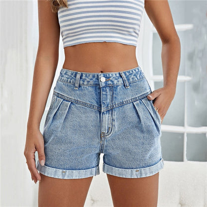 Fashionable, Classic, Loose And Versatile, Slimming Curled Denim Shorts