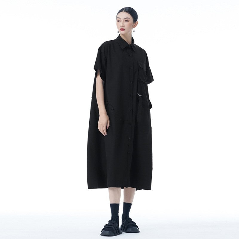 Simple Collar Pocket Shirt Dress Loose Sleeve