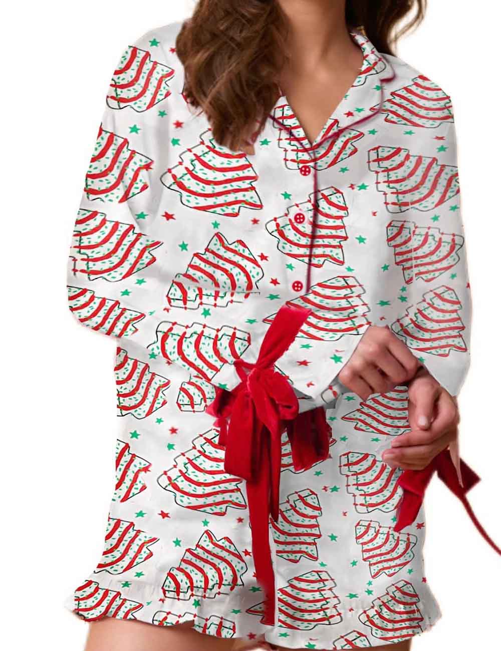 Cute Tree Print Satin Ruffled Pajamas Set