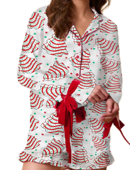 Cute Tree Print Satin Ruffled Pajamas Set