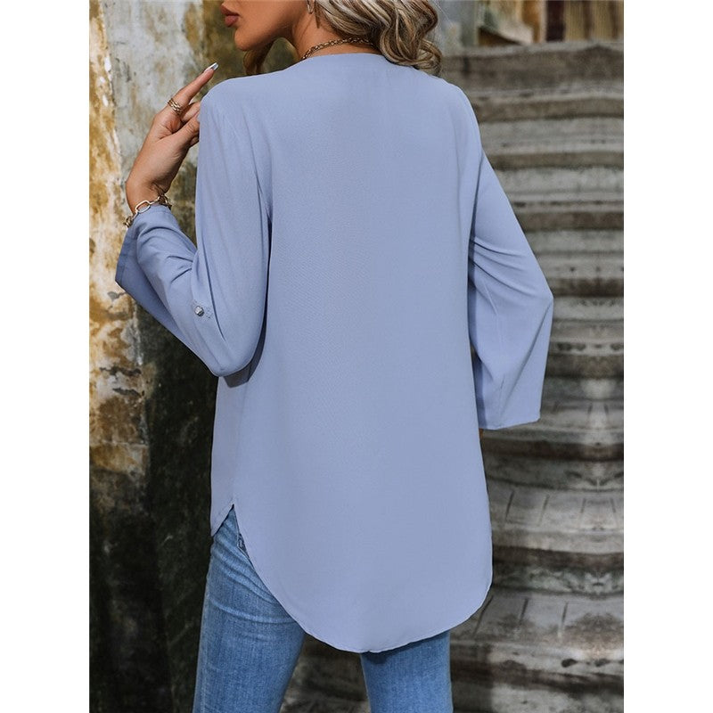 Solid Color Long-Sleeved Commuter V-Neck Button-Down Pullover Shirt