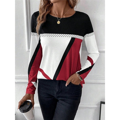 Round Neck Contrast Patchwork Geometric Print T-Shirt
