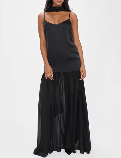 Solid Color Splicing Spaghetti Maxi Dress