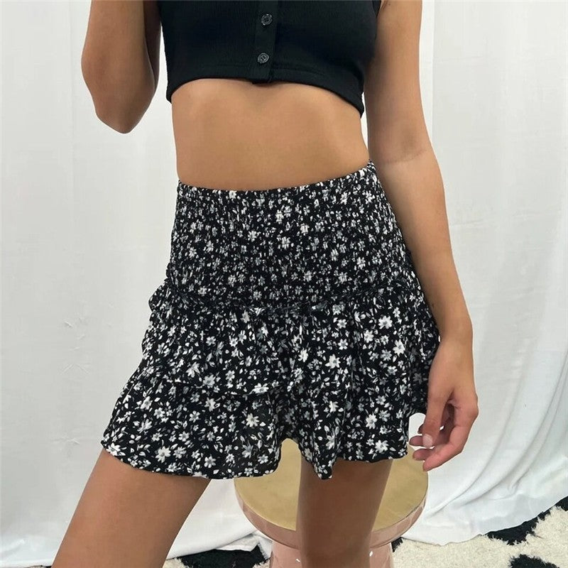 Floral Pleated Mini Skirt With Ruffle Hem