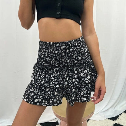 Floral Pleated Mini Skirt With Ruffle Hem