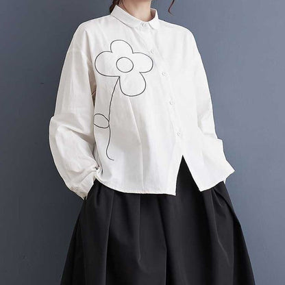 Long Sleeve Lapel Single Breasted Embroidery Loose Blouse