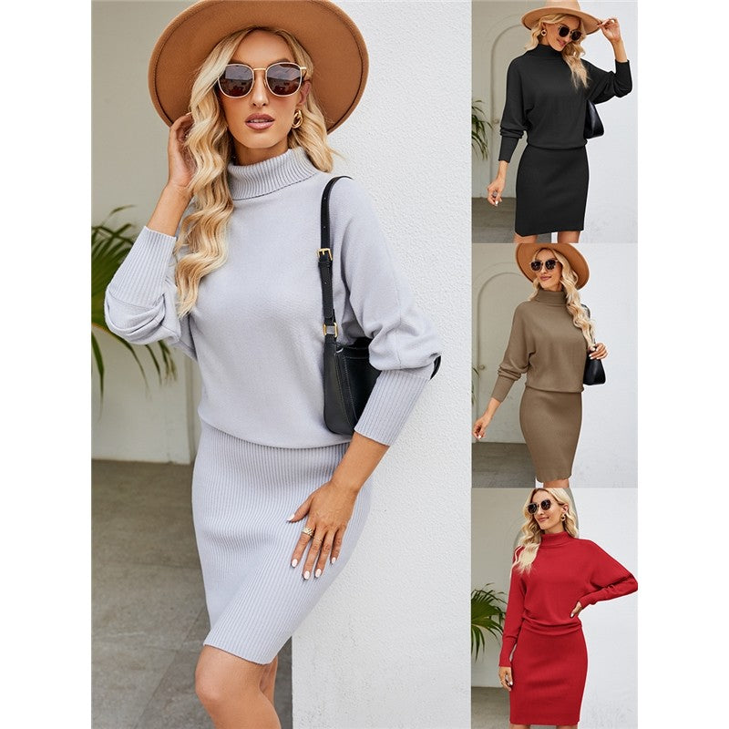 Solid Color Long Sleeves High Neck Knitted Bodycon Dress