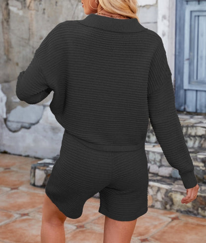 Solid Color V-Neck Sweater Loose Short Knit Set