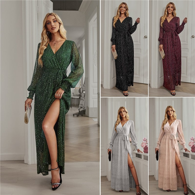 Solid Color Long Sleeves V-Neck Waist Tied Slit Glitter Maxi Evening Dress