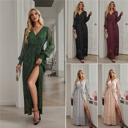 Solid Color Long Sleeves V-Neck Waist Tied Slit Glitter Maxi Evening Dress