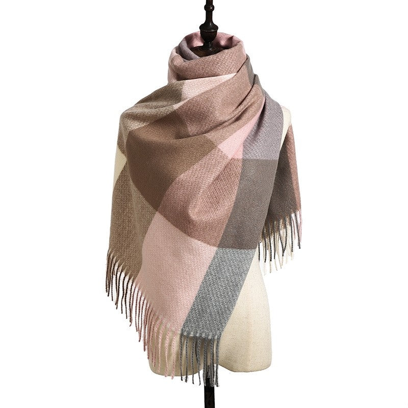 British Style Plaid Imitated Cashmere Tassled Shawl Scarf