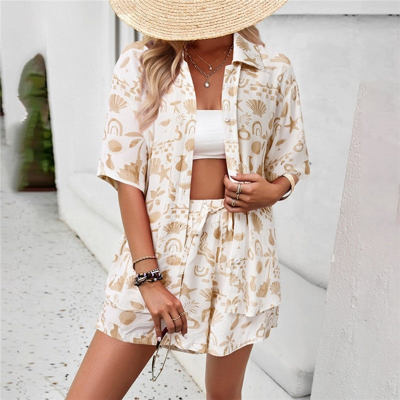 Printing Short Sleeve Lapel Buttoned Blouse And Shorts Two Pieces Suits